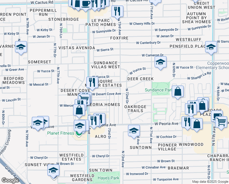 map of restaurants, bars, coffee shops, grocery stores, and more near 7344 West Peoria Avenue in Peoria