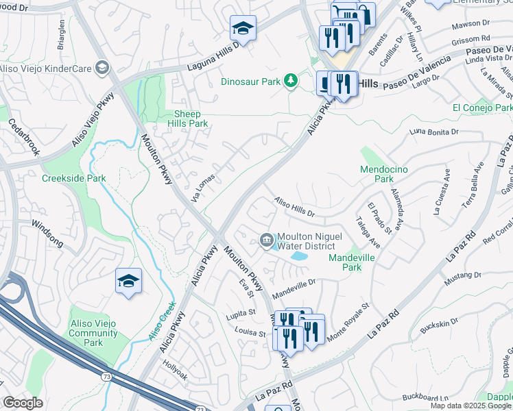 map of restaurants, bars, coffee shops, grocery stores, and more near 24391 Larchmont Court in Laguna Hills