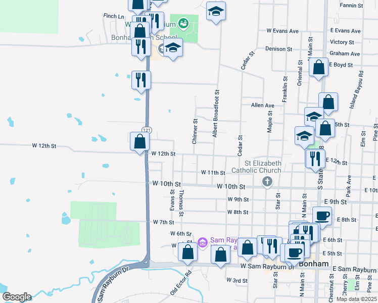 map of restaurants, bars, coffee shops, grocery stores, and more near 1012 West 12th Street in Bonham