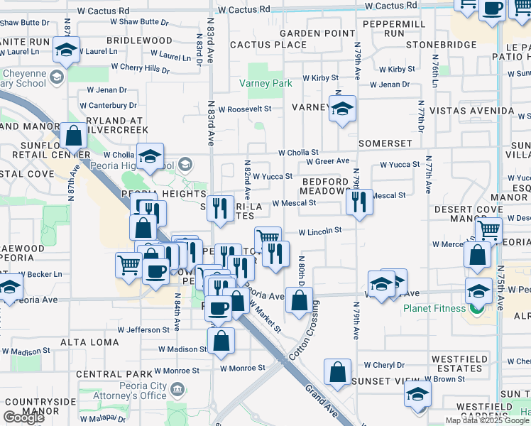 map of restaurants, bars, coffee shops, grocery stores, and more near 8127 West Desert Cove Avenue in Peoria
