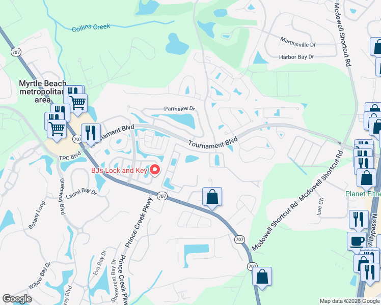 map of restaurants, bars, coffee shops, grocery stores, and more near 460B Woodpecker Lane in Murrells Inlet