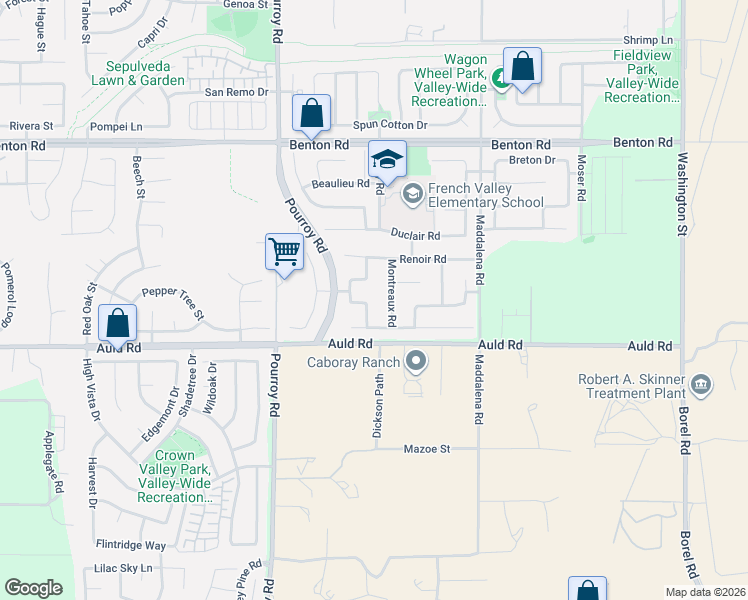 map of restaurants, bars, coffee shops, grocery stores, and more near 36952 Rancho Kkiel Road in Winchester