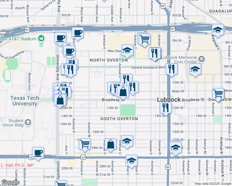 map of restaurants, bars, coffee shops, grocery stores, and more near 2105 Main Street in Lubbock