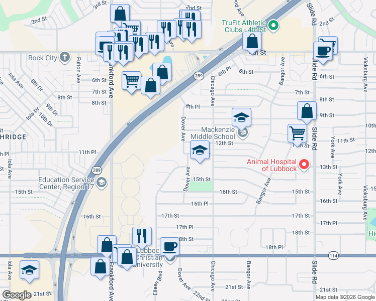 map of restaurants, bars, coffee shops, grocery stores, and more near 5617 13th Street in Lubbock
