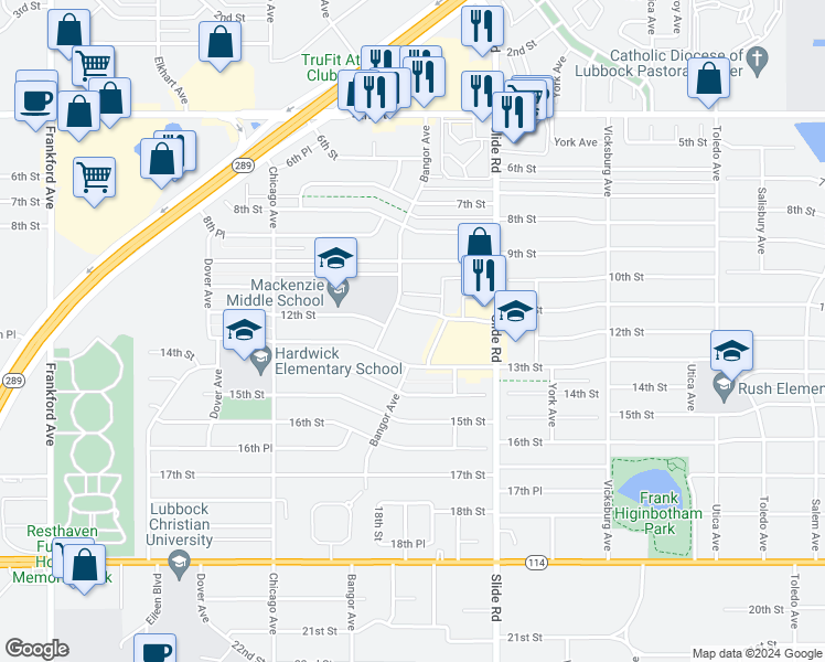 map of restaurants, bars, coffee shops, grocery stores, and more near 5301 11th Street in Lubbock