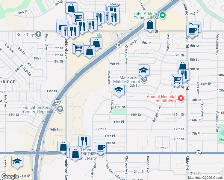 map of restaurants, bars, coffee shops, grocery stores, and more near 5514 13th Street in Lubbock