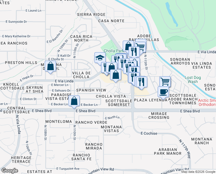 map of restaurants, bars, coffee shops, grocery stores, and more near 10822 North 112th Place in Scottsdale