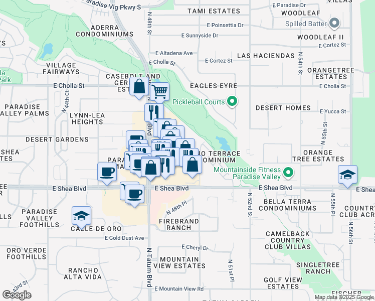map of restaurants, bars, coffee shops, grocery stores, and more near 8550 East Desert Cove Avenue in Phoenix