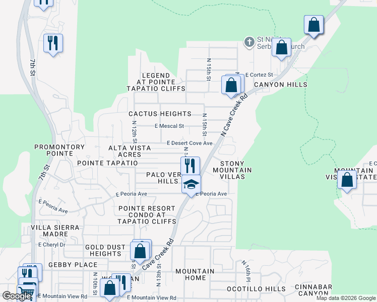 map of restaurants, bars, coffee shops, grocery stores, and more near 10840 North Cave Creek Road in Phoenix