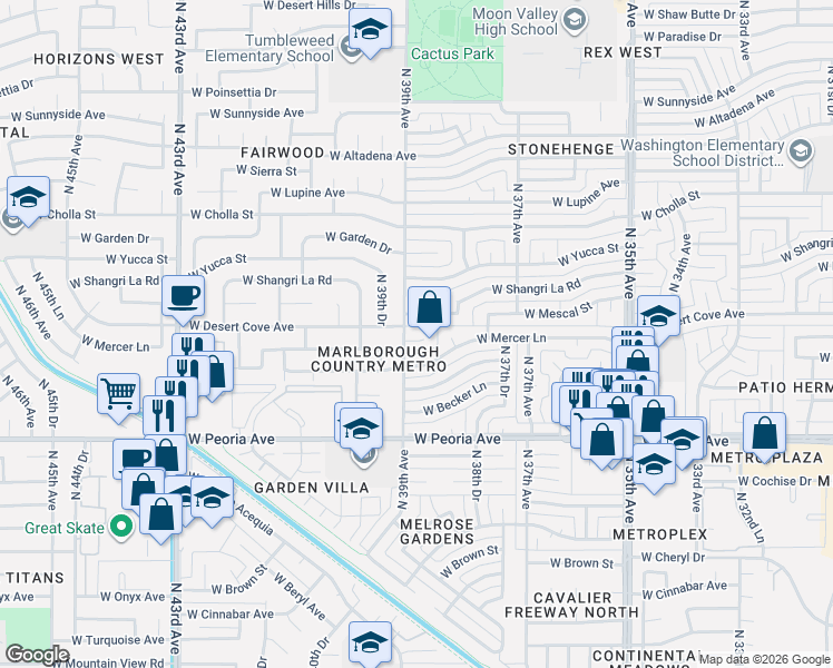 map of restaurants, bars, coffee shops, grocery stores, and more near 10846 North 39th Avenue in Phoenix