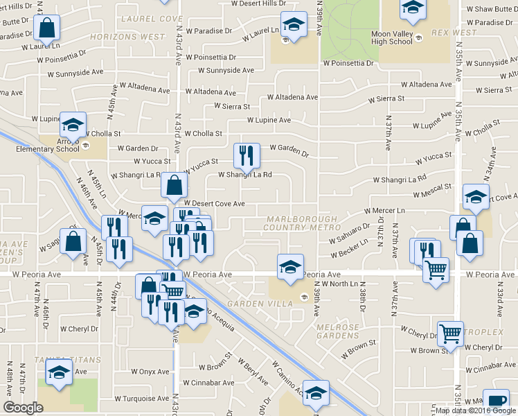 map of restaurants, bars, coffee shops, grocery stores, and more near 4038 West Mercer Lane in Phoenix