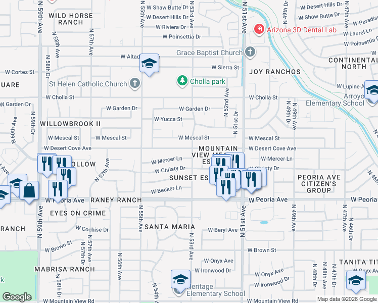 map of restaurants, bars, coffee shops, grocery stores, and more near 10821 North 53rd Avenue in Glendale