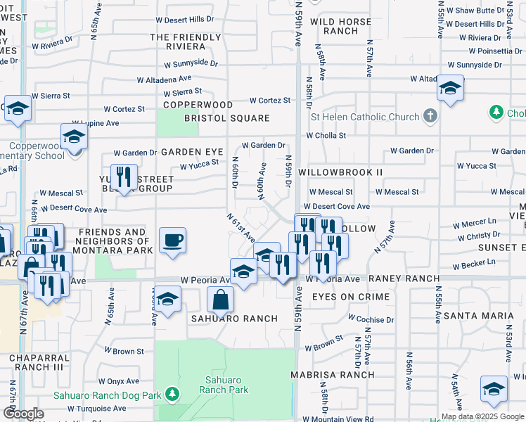 map of restaurants, bars, coffee shops, grocery stores, and more near 10854 North 60th Avenue in Glendale