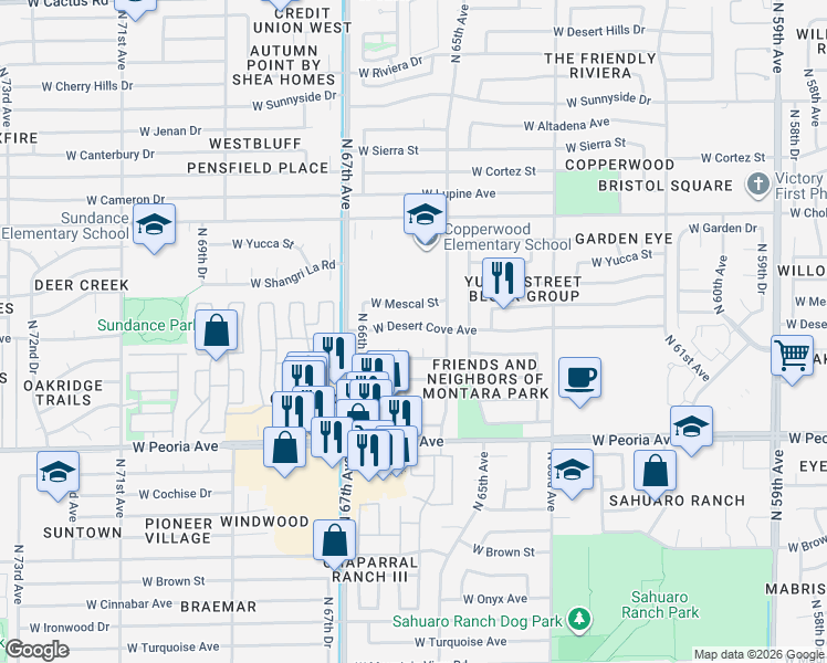 map of restaurants, bars, coffee shops, grocery stores, and more near 6514 West Mercer Lane in Glendale