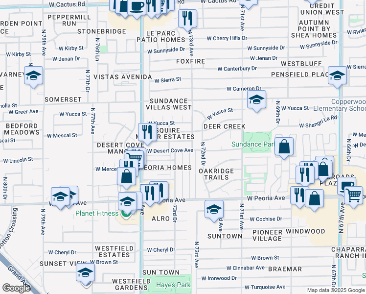 map of restaurants, bars, coffee shops, grocery stores, and more near 7344 West Peoria Avenue in Peoria