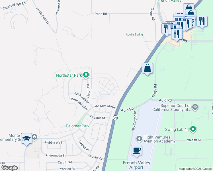 map of restaurants, bars, coffee shops, grocery stores, and more near 36838 Pictor Avenue in Murrieta