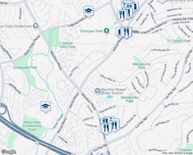map of restaurants, bars, coffee shops, grocery stores, and more near 24391 Larchmont Court in Laguna Hills