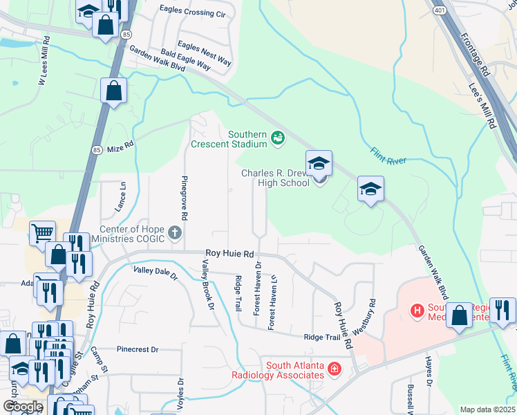 map of restaurants, bars, coffee shops, grocery stores, and more near 296 Roy Huie Road in Riverdale