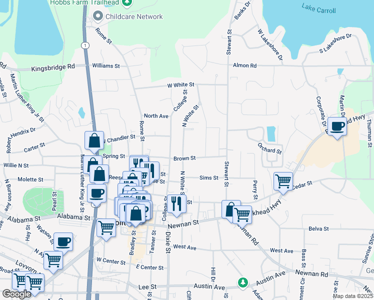 map of restaurants, bars, coffee shops, grocery stores, and more near 515 North White Street in Carrollton