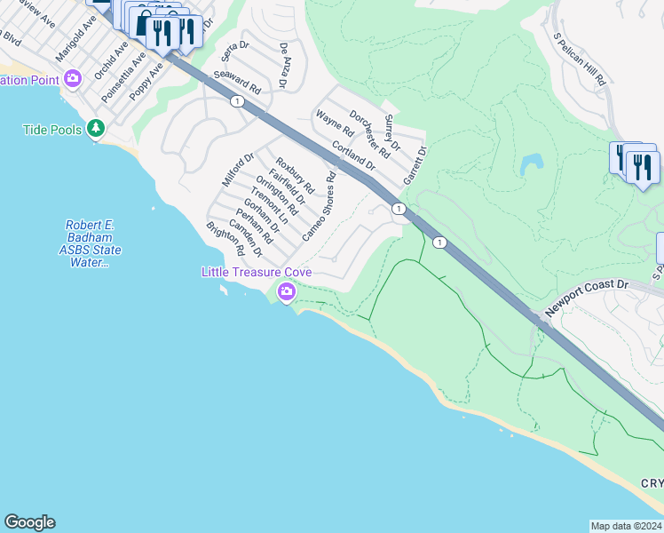 map of restaurants, bars, coffee shops, grocery stores, and more near 20 Shoreline in Newport Beach