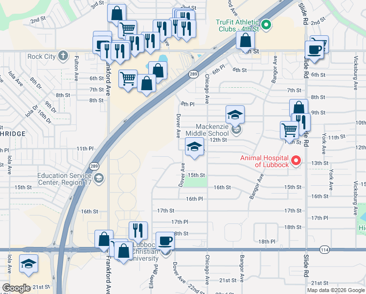 map of restaurants, bars, coffee shops, grocery stores, and more near 5514 13th Street in Lubbock