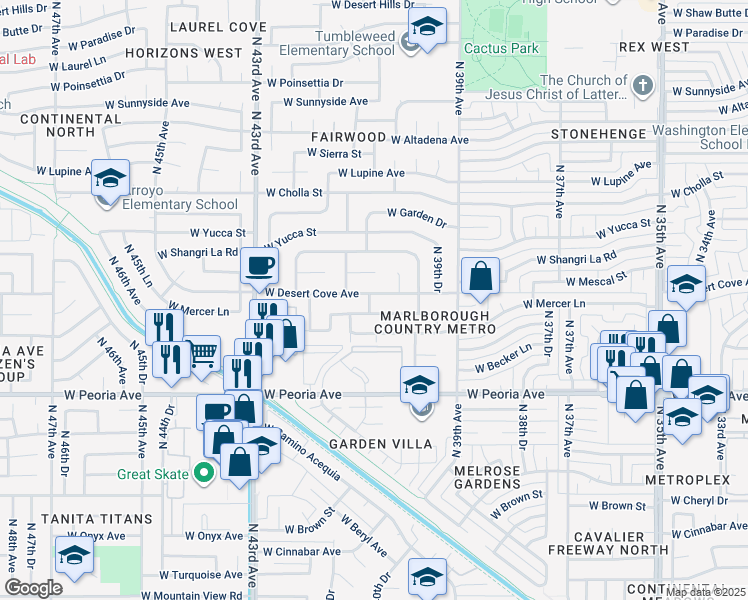map of restaurants, bars, coffee shops, grocery stores, and more near 4038 West Mercer Lane in Phoenix