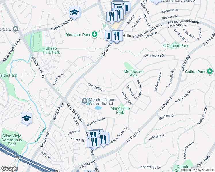 map of restaurants, bars, coffee shops, grocery stores, and more near 25962 Ernestine Court in Laguna Hills