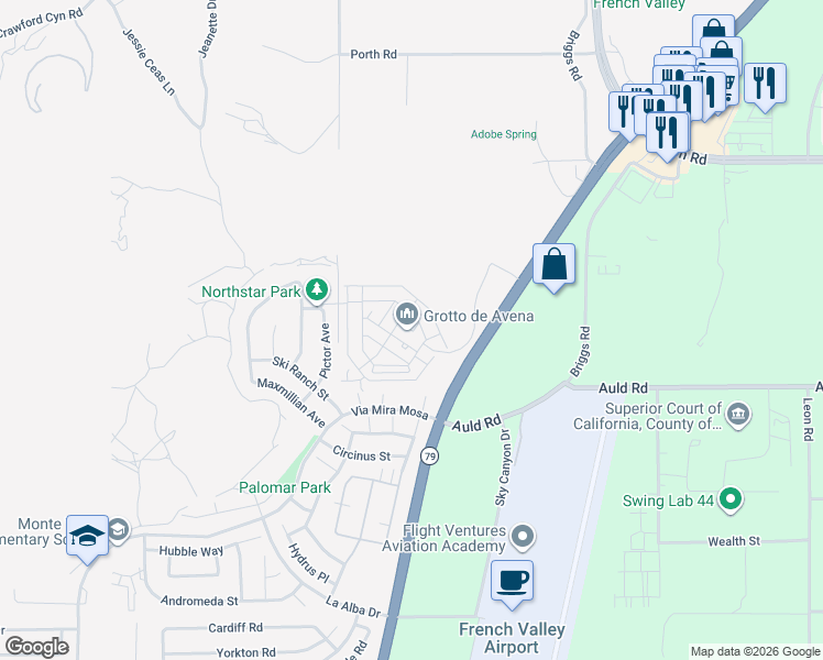map of restaurants, bars, coffee shops, grocery stores, and more near 30341 Wild Oat Street in Murrieta