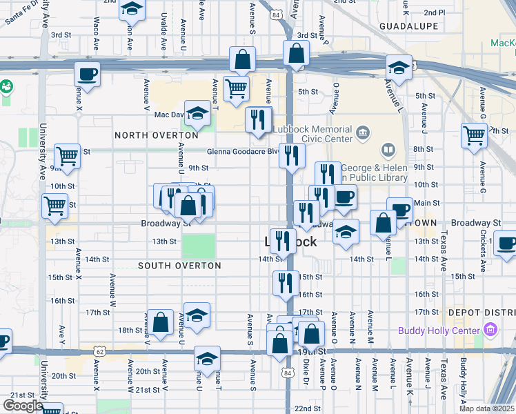 map of restaurants, bars, coffee shops, grocery stores, and more near 1812 Broadway in Lubbock