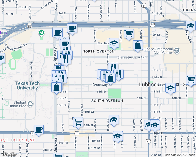 map of restaurants, bars, coffee shops, grocery stores, and more near 2118 Broadway Street in Lubbock