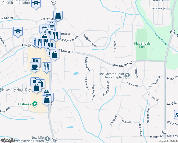 map of restaurants, bars, coffee shops, grocery stores, and more near 6265 Polar Fox Ct in Riverdale