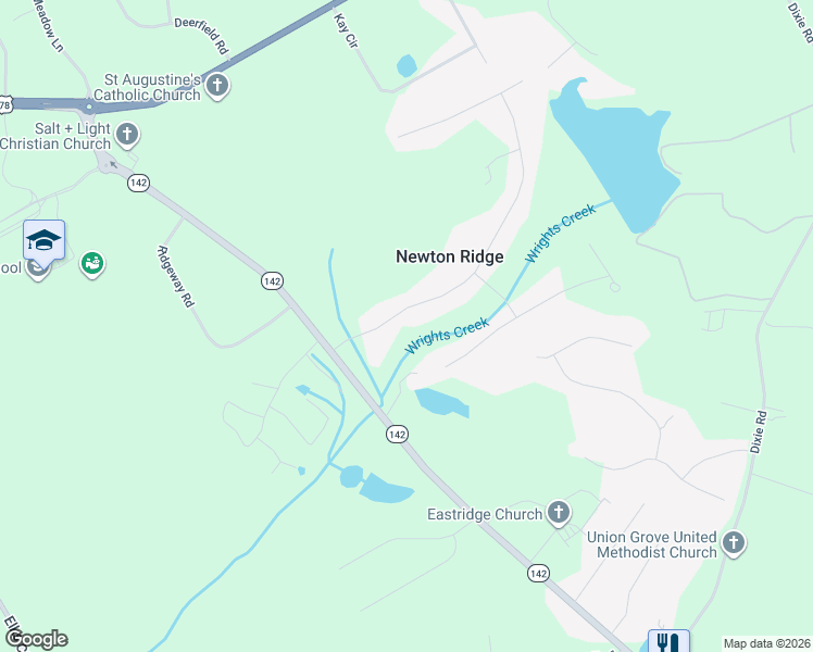 map of restaurants, bars, coffee shops, grocery stores, and more near 90 Newton Ridge Drive in Covington