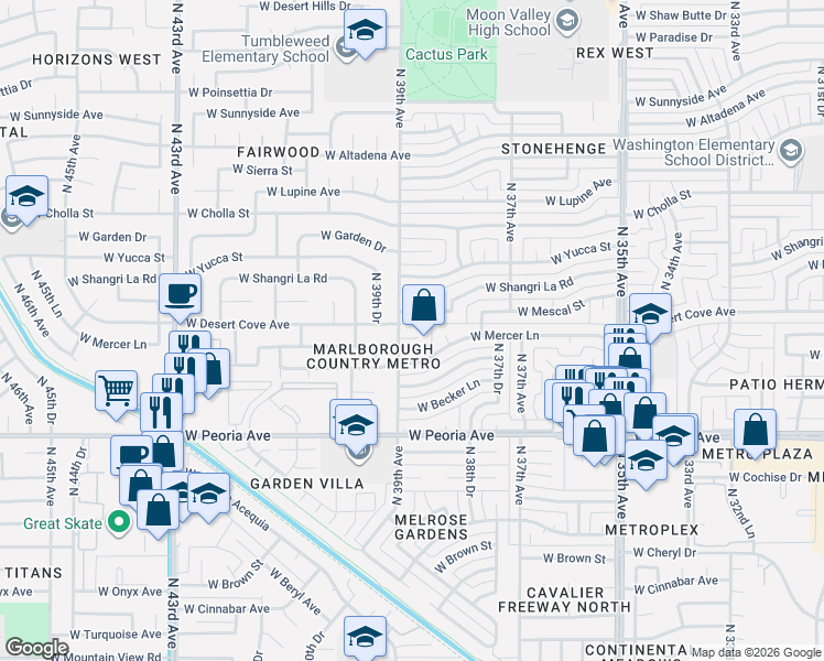 map of restaurants, bars, coffee shops, grocery stores, and more near 10846 North 39th Avenue in Phoenix