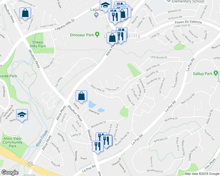 map of restaurants, bars, coffee shops, grocery stores, and more near 25962 Ernestine Court in Laguna Hills