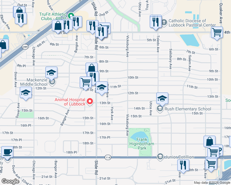 map of restaurants, bars, coffee shops, grocery stores, and more near 4921 12th Street in Lubbock