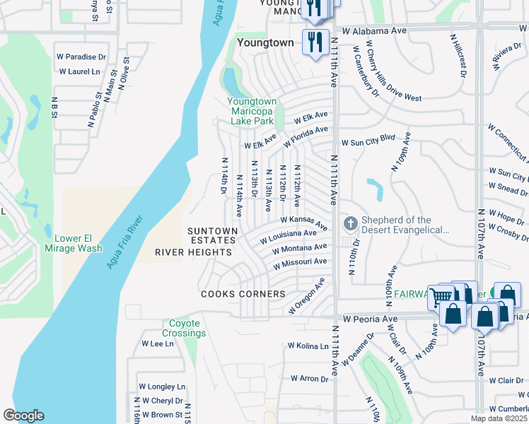 map of restaurants, bars, coffee shops, grocery stores, and more near 11343 North 113th Drive in Youngtown