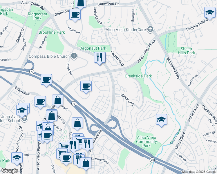 map of restaurants, bars, coffee shops, grocery stores, and more near 80 Tortuga Cay in Aliso Viejo