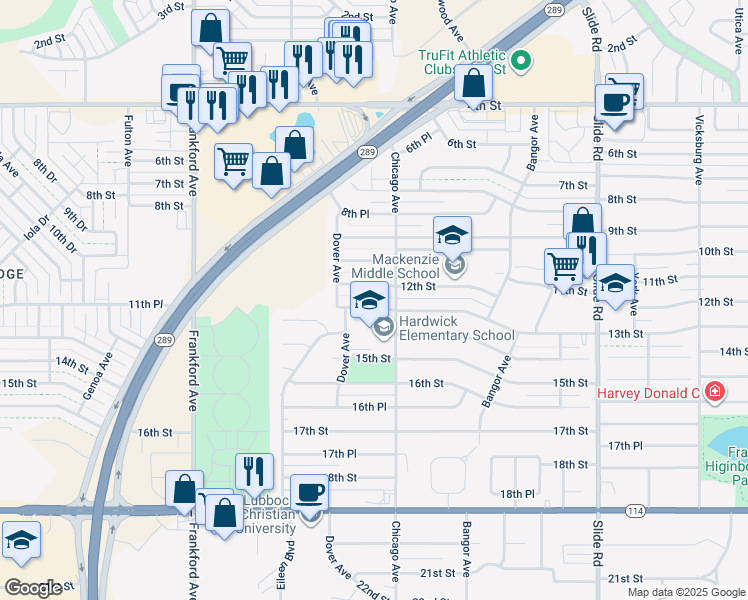 map of restaurants, bars, coffee shops, grocery stores, and more near 5510 13th Street in Lubbock
