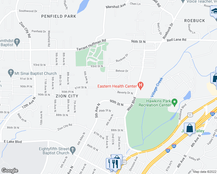 map of restaurants, bars, coffee shops, grocery stores, and more near 9009 Beverly Drive North in Birmingham
