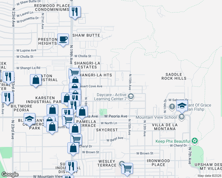 map of restaurants, bars, coffee shops, grocery stores, and more near 1615 West Desert Cove Avenue in Phoenix