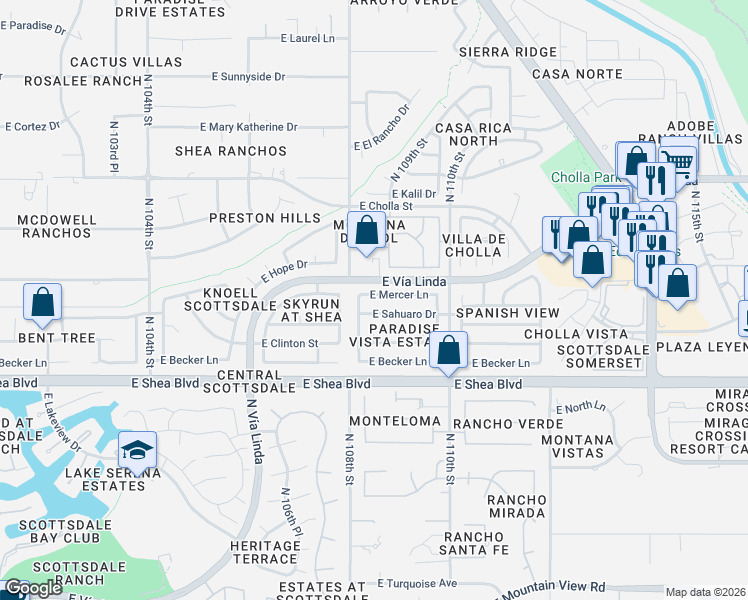map of restaurants, bars, coffee shops, grocery stores, and more near 10851 East Mercer Lane in Scottsdale