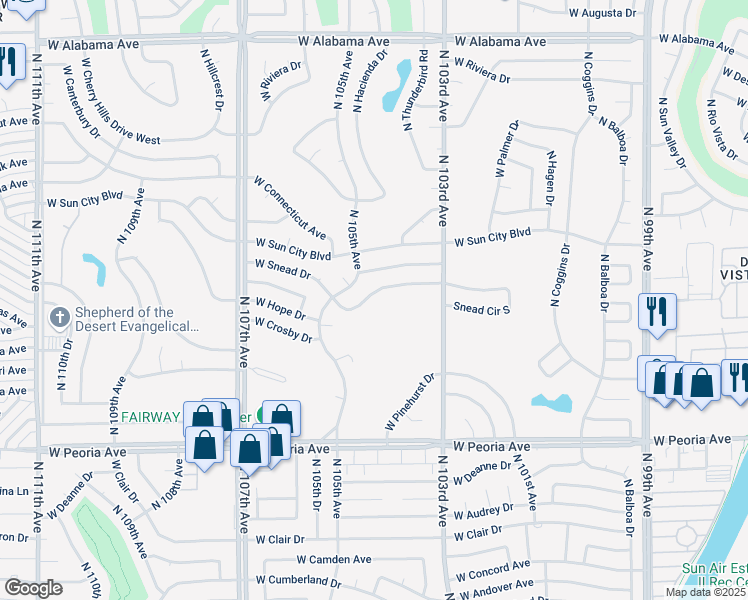 map of restaurants, bars, coffee shops, grocery stores, and more near 10433 West Snead Drive in Sun City