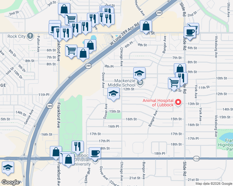 map of restaurants, bars, coffee shops, grocery stores, and more near 5508 13th Street in Lubbock