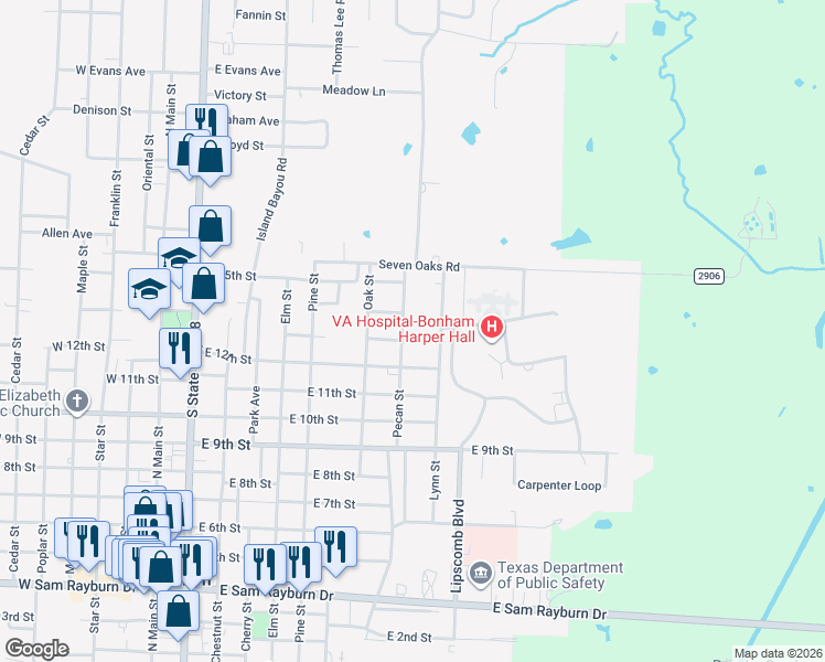 map of restaurants, bars, coffee shops, grocery stores, and more near 1208 Pecan Street in Bonham
