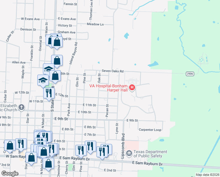 map of restaurants, bars, coffee shops, grocery stores, and more near 1208 Pecan Street in Bonham
