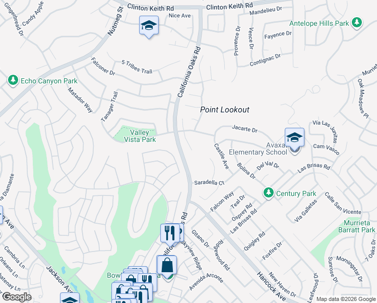 map of restaurants, bars, coffee shops, grocery stores, and more near 39749 Almansa Court in Murrieta