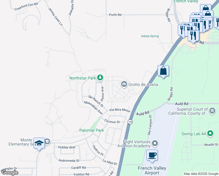 map of restaurants, bars, coffee shops, grocery stores, and more near 36588 Diego Springs Avenue in Murrieta
