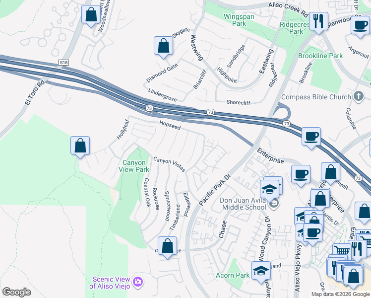 map of restaurants, bars, coffee shops, grocery stores, and more near 33 Golden Rain in Aliso Viejo