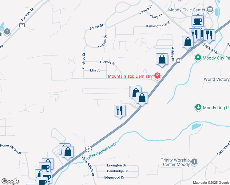 map of restaurants, bars, coffee shops, grocery stores, and more near 1042 Windsor Parkway in Moody