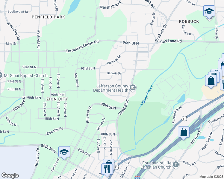 map of restaurants, bars, coffee shops, grocery stores, and more near 9037 Bel Aire Drive in Birmingham